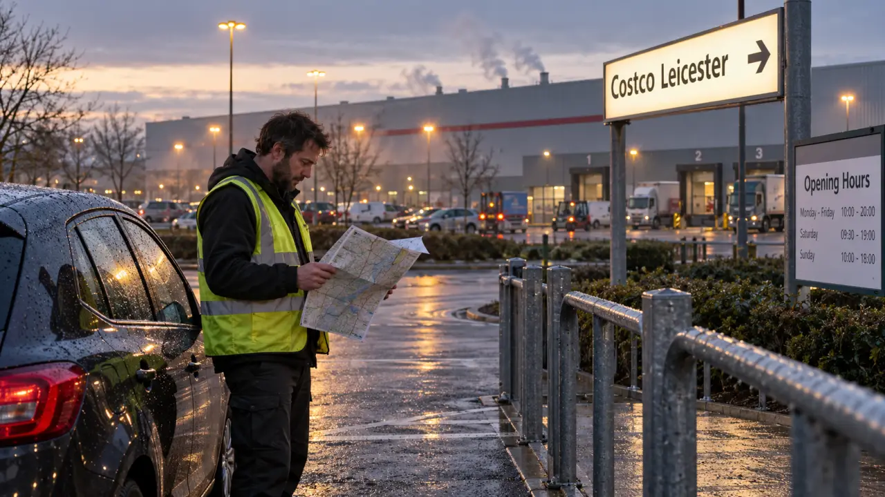 Costco Leicester opening hours sign and morning car park