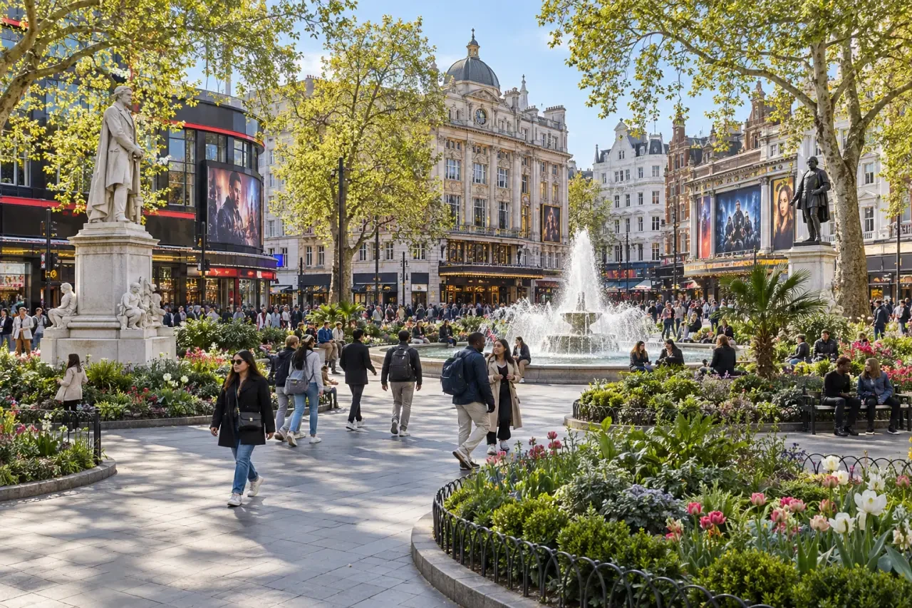 Leicester Square central garden, statues and cinema façades in London