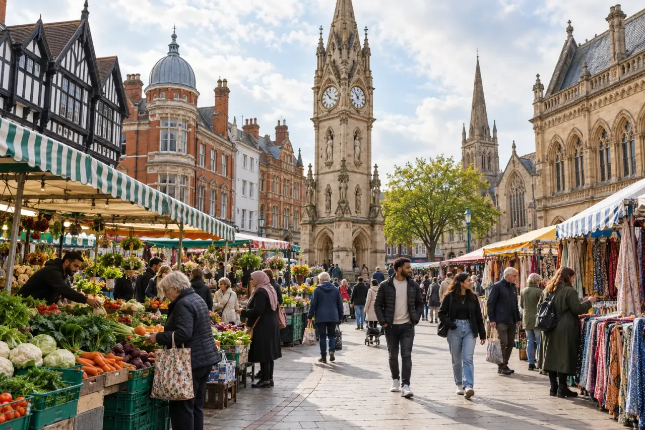 Leicester Market outdoor stalls in the historic Leicester city centre