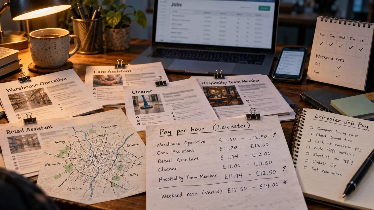 Jobs in Leicester pay vs shift options on a desk with Leicester map