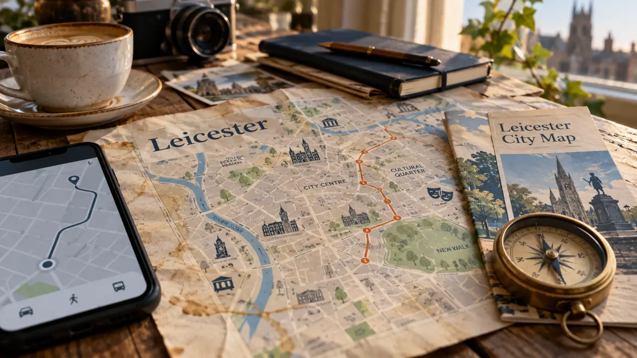 Leicester city map England showing streets parking and historic sites