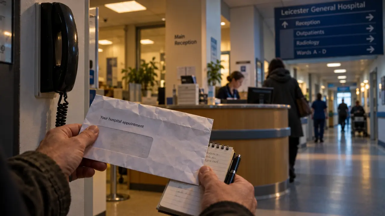 Leicester General Hospital reception corridor and services