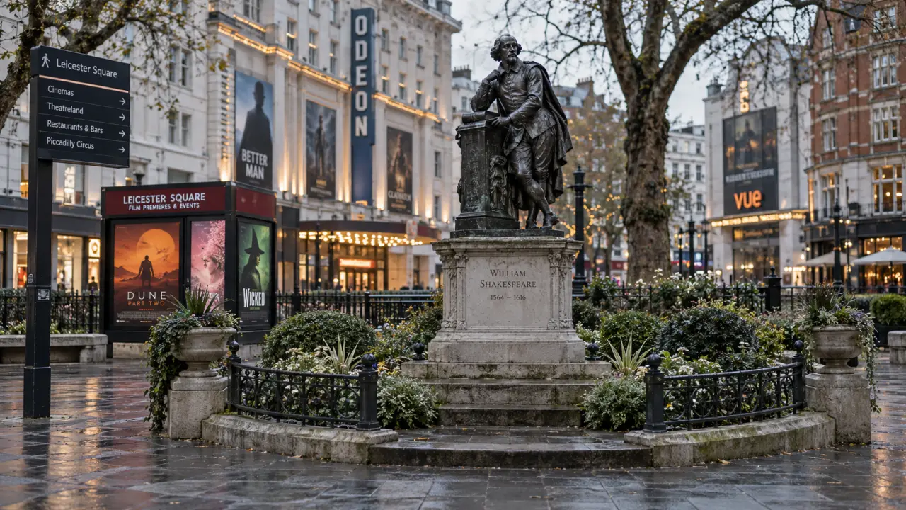 Leicester Square cinemas and statues