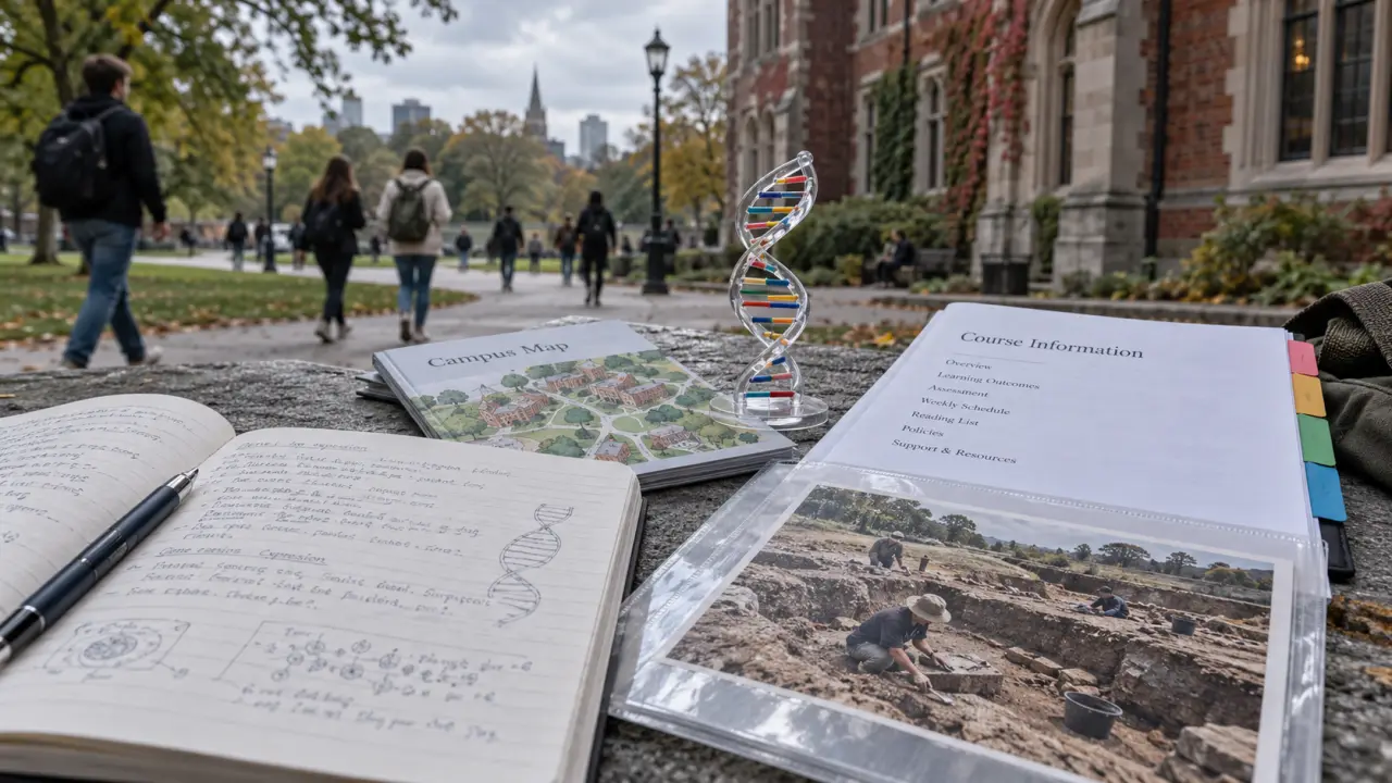 Leicester University study desk with course notes and DNA model