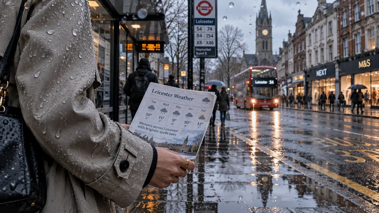 Weather Leicester November averages forecast in rainy street scene